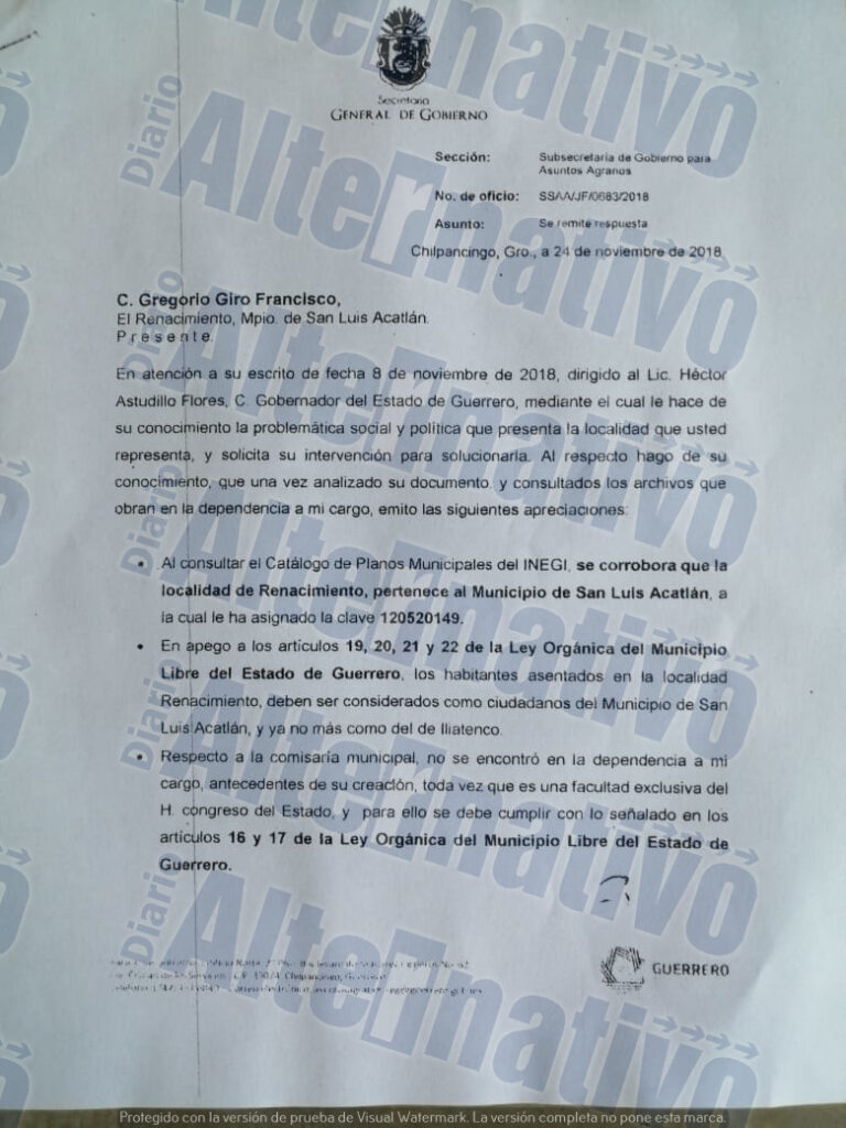 Gobierno del Estado notifica que la comunidad de Renacimiento oficialmente perteneciente a San Luis Acatlán