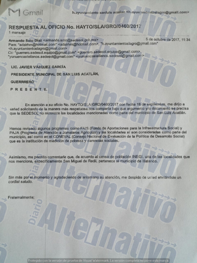 SEDESOL ratifica que la comunidad de Renacimiento ya está reconocida como comunidad San Luis Acatlán y puede recibir los beneficios de obra pública, apoyo al campo y otros.